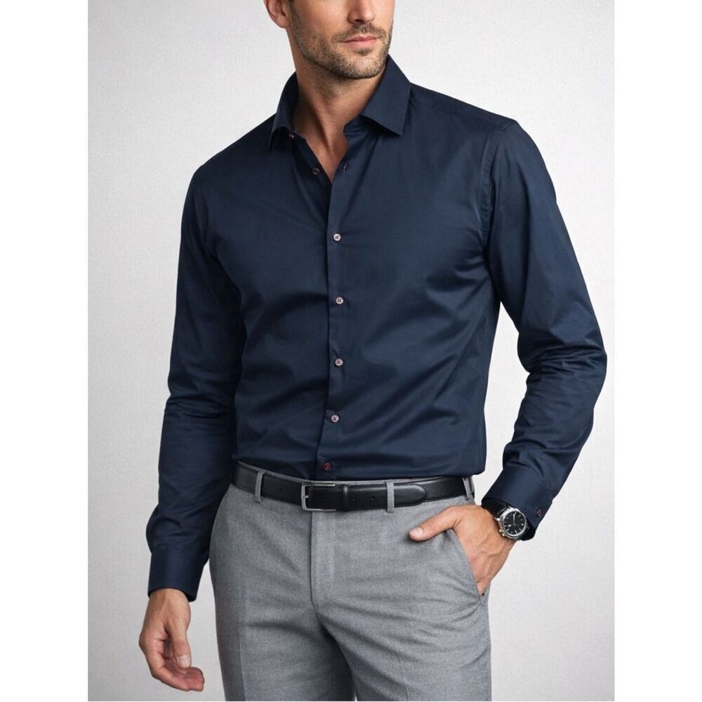 Elevee Custom Clothing Navy Button Front Long Sleeve Dress Shirt L